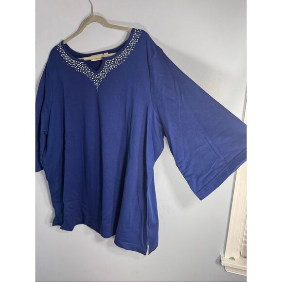 Quacker Factory Womens Notched Neck Embellished 3/4 Sleeve Tunic Top Blue 3X - Picture 6 of 10